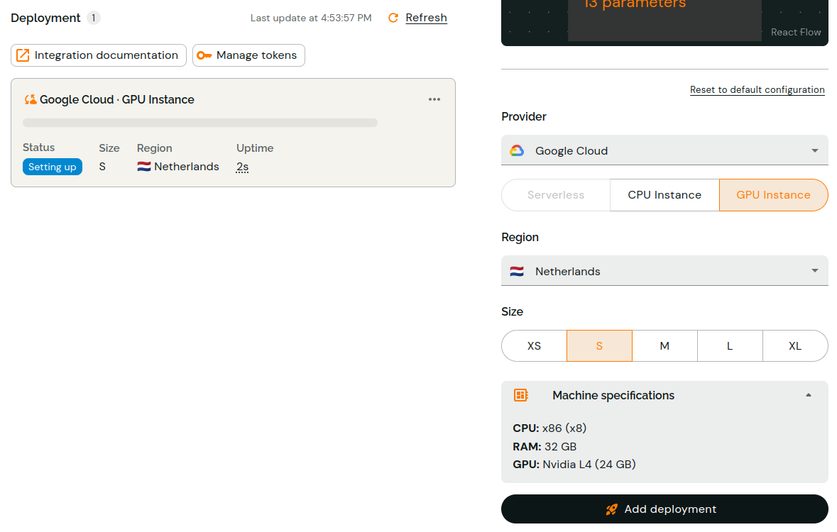 The deployment creation interface, with various deployment options