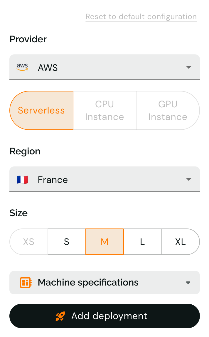 A screenshot of an interface allowing to pick the provider, deployment type, region and size.