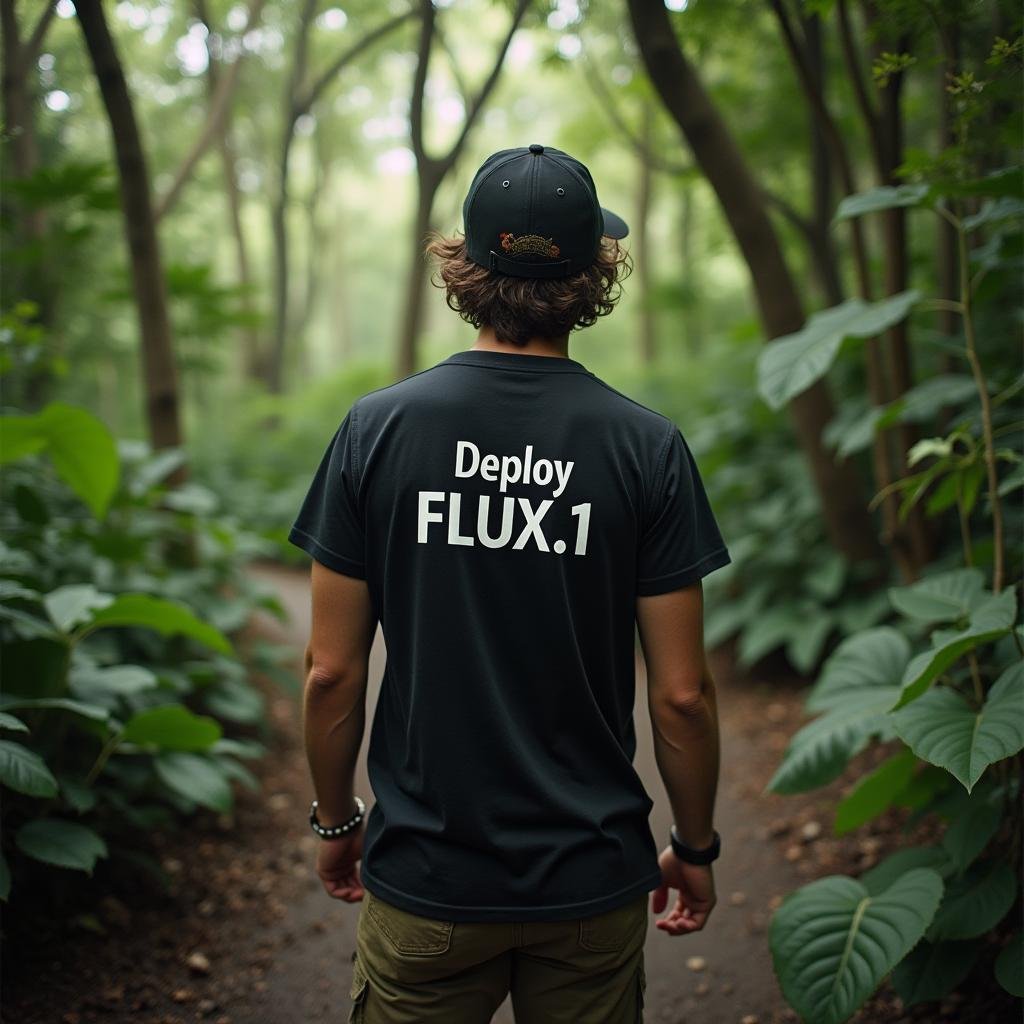 An adventurer in the jungle with a tshirt that says 'Deploy FLUX.1'.