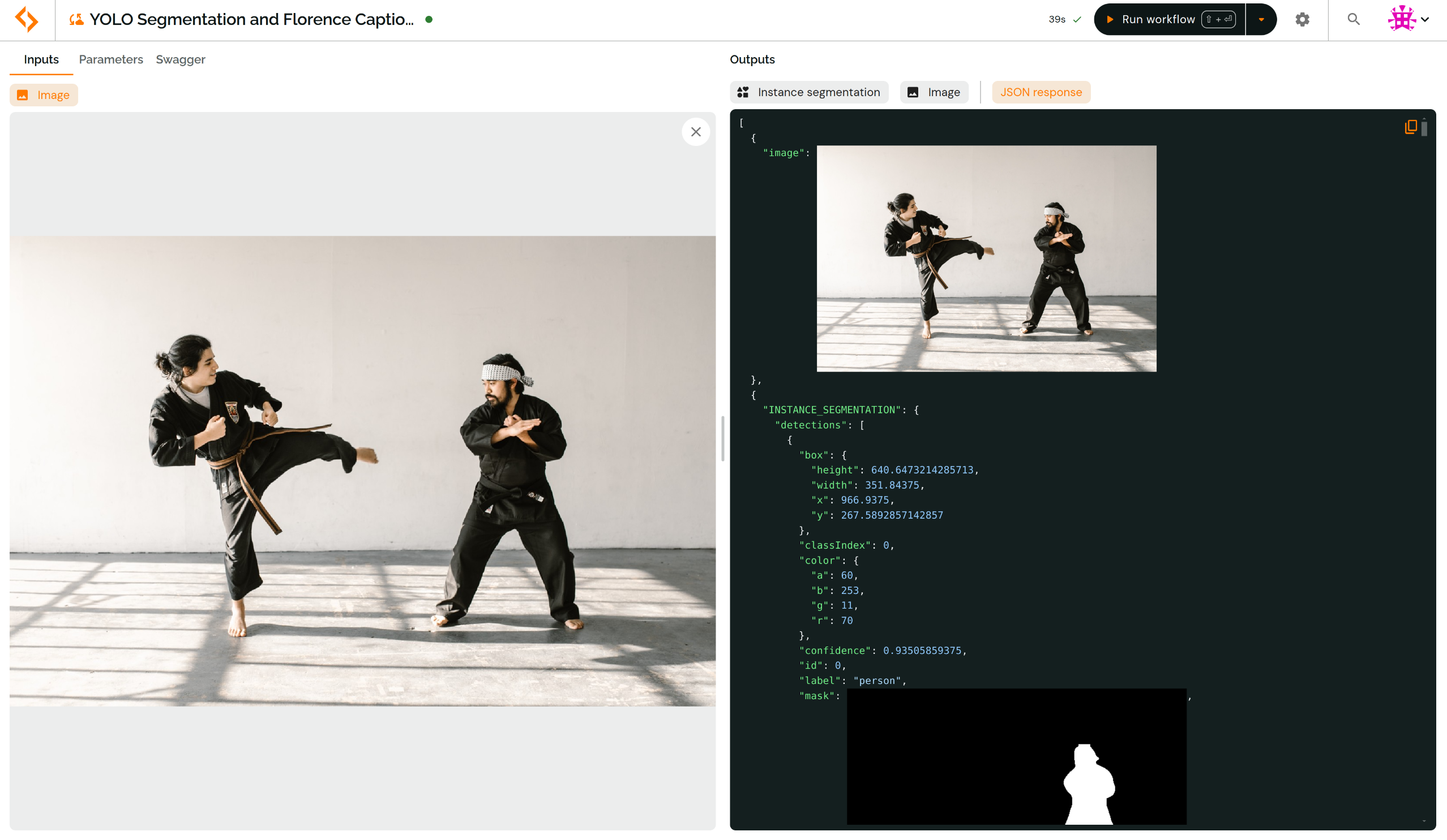 A screenshot of the JSON response of an instance segmentation workflow